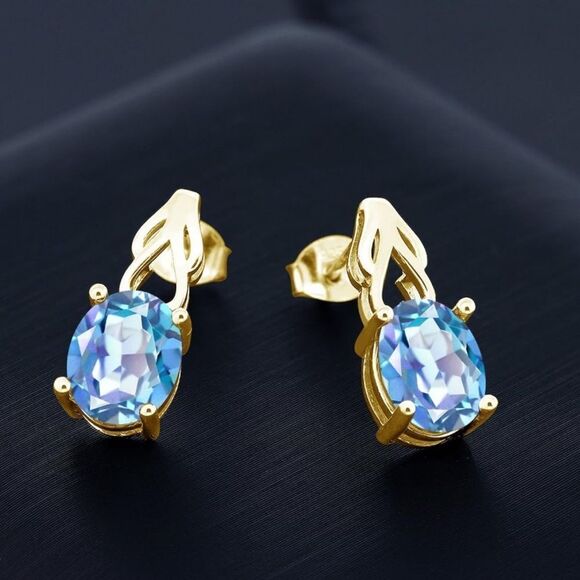 18K Yellow Gold 925 with 3.60 Cttw Millennium Blue Mystic Quartz Oval Earrings - Picture 2 of 4